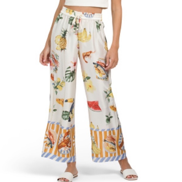 Bailey 44 Pants - NEW! Bailey 44 Italian Summer Satin Wide Leg Pants S Food Crawfish Lemons